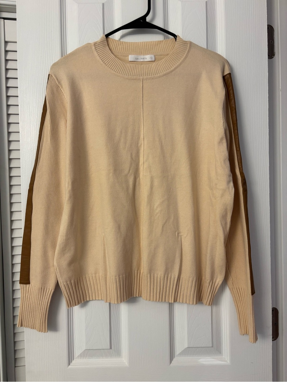 Six Fifty Cream Crewneck Sweater with Brown Sleeve Stripe